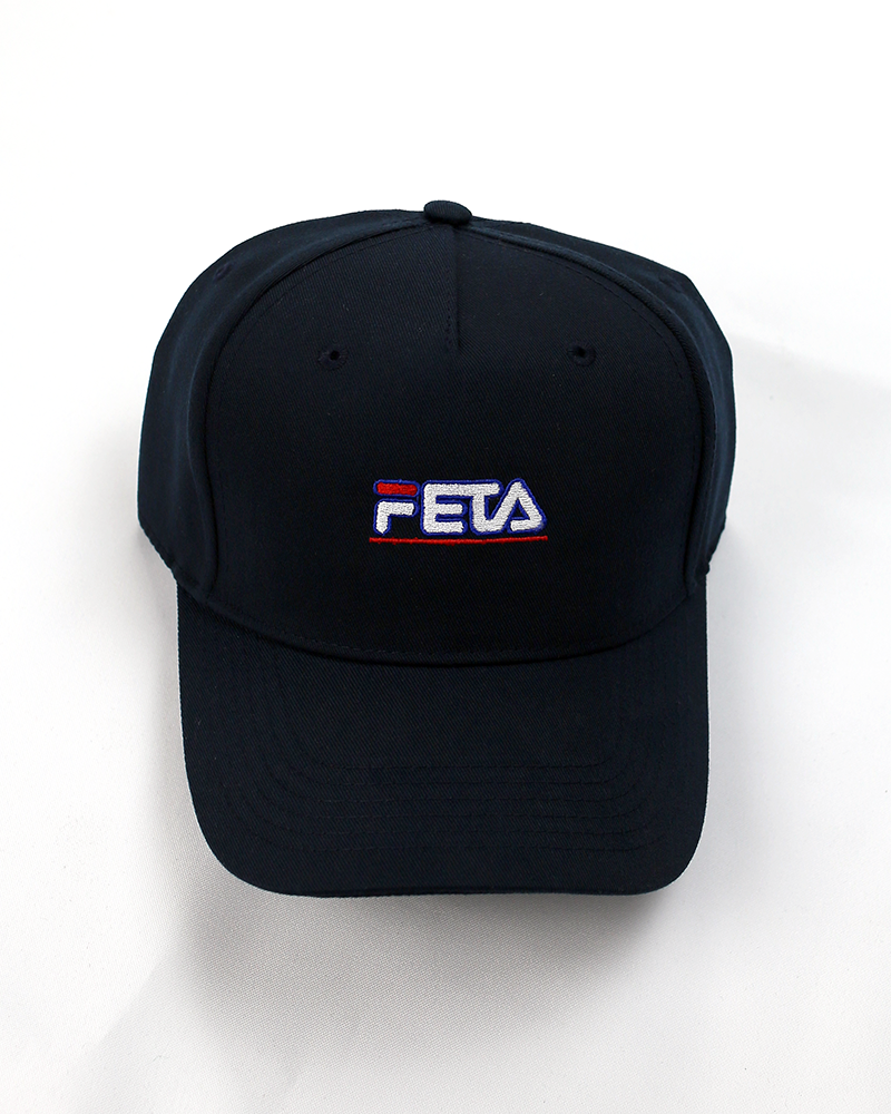 Black baseball hat with Feta logo on it, inspired by FILA logo